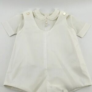 Vintage Neiman Marcus Baby Ivory 2 Piece Romper Set XL Peter Pan Collar Pleated